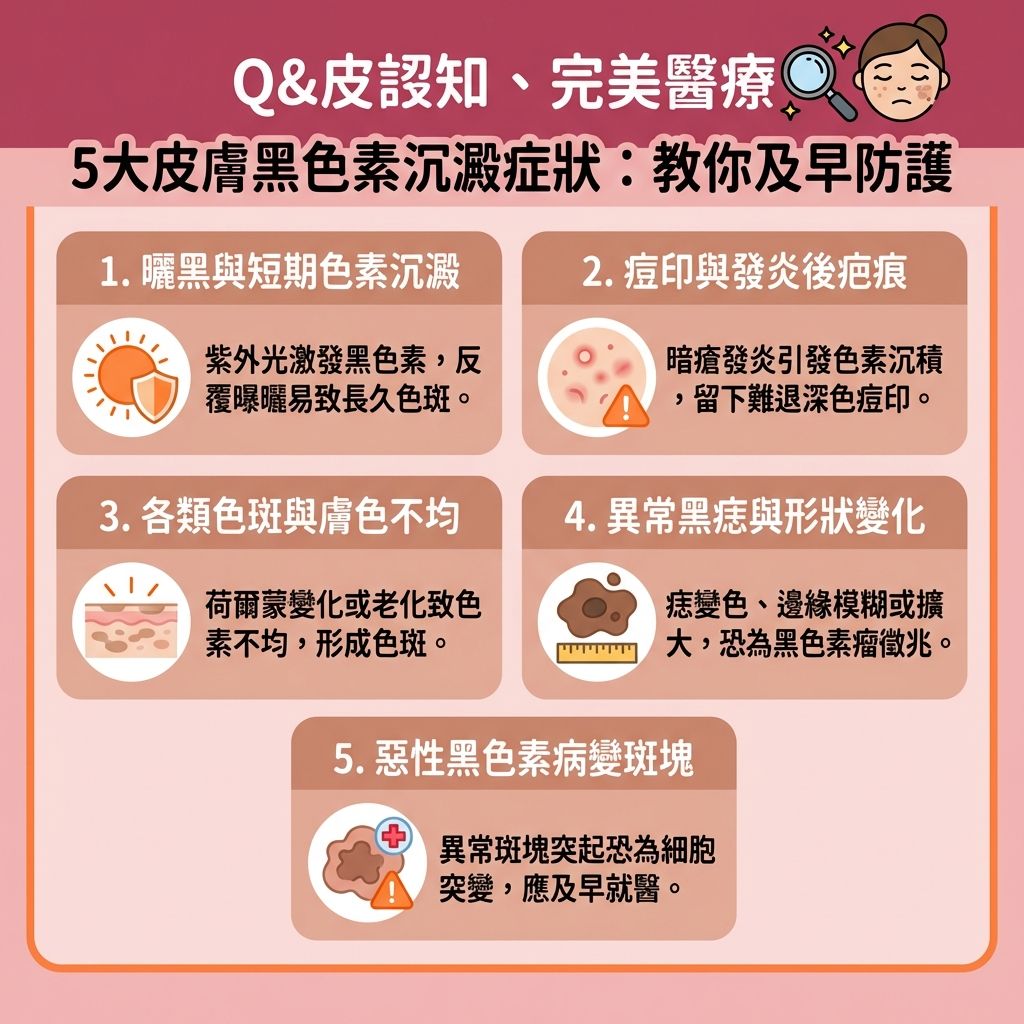 這是一張台灣健康部落格風格的資訊圖表,介紹五種常見皮膚問題。當皮膚受【紫外線】照射,會產生【自由基】,引發【表皮層】與【真皮層】的【黑色素細胞】活躍,【酪氨酸酶】加速運作,導致【角質層】變厚。為了【抵抗自由基】、【抑制酪氨酸酶】及【阻截黑色素形成】,日常需使用【維他命】、【護膚品】、【素顏霜】或【防曬霜】,採取正確的【物理防曬方法】來【抵禦光老化】及【防止肌膚老化】,從而【預防黑色素沉澱】與【改善暗沉肌膚】。
若忽視防護,容易產生【色斑】、【雀斑】、【太陽斑】、【荷爾蒙斑】與【老人斑】。要【解決色素沉澱】、【去除色斑】、【淡化色斑】、【改善膚色不均】及【均勻膚色】,可以透過【去除老廢角質】及【促進新陳代謝】(加速【新陳代謝】)。市面上專業的【激光】或【皮秒激光】等【去斑療程推薦】,擁有極佳的【激光去斑效果】,能精準【擊碎深層黑色素】,並【刺激膠原增生】(喚醒【膠原蛋白】),最終達到【提亮膚色】的完美效果。
