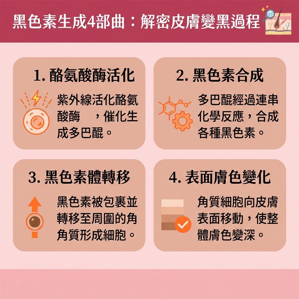 這是一張台灣健康部落格風格的 1:1 正方形扁平化資訊圖表,詳細解說皮膚變黑與【色斑】形成的過程。當肌膚受到【紫外線】照射與【自由基】攻擊,位於【表皮層】與【真皮層】交界的【黑色素細胞】會被激活。此時必須【抑制酪氨酸酶】(【酪氨酸酶】)活性,否則會合成大量黑色素並轉移至【角質層】,最終形成【雀斑】、【太陽斑】、【荷爾蒙斑】及【老人斑】等各類色斑。
為【阻截黑色素形成】與【預防黑色素沉澱】,我們應採取正確的【物理防曬方法】,出門塗抹【防曬霜】或具防曬系數的【素顏霜】,以【抵禦光老化】及【防止肌膚老化】。日常配合含有【維他命】的【護膚品】能【抵抗自由基】,幫助【促進新陳代謝】(加速【新陳代謝】)、【去除老廢角質】,從而【改善暗沉肌膚】、【提亮膚色】及【均勻膚色】。
若要徹底【解決色素沉澱】並【去除色斑】,尋求專業診所的【去斑療程推薦】是最佳途徑。現時先進的【激光】與【皮秒激光】技術能精準【擊碎深層黑色素】,不僅有卓越的【激光去斑效果】,能有效【淡化色斑】與【改善膚色不均】,更能【刺激膠原增生】(補充【膠原蛋白】),讓你重拾無瑕的亮白肌膚。